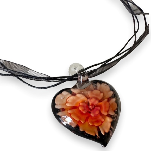 Blown Glass Heart with Orange Flower Medallion Black Cord and Lace Necklace - Picture 3 of 7